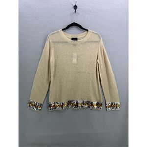 NWT Magaschoni Womens Tan Mohair Blend Sequin Trim Pullover Sweater Large
